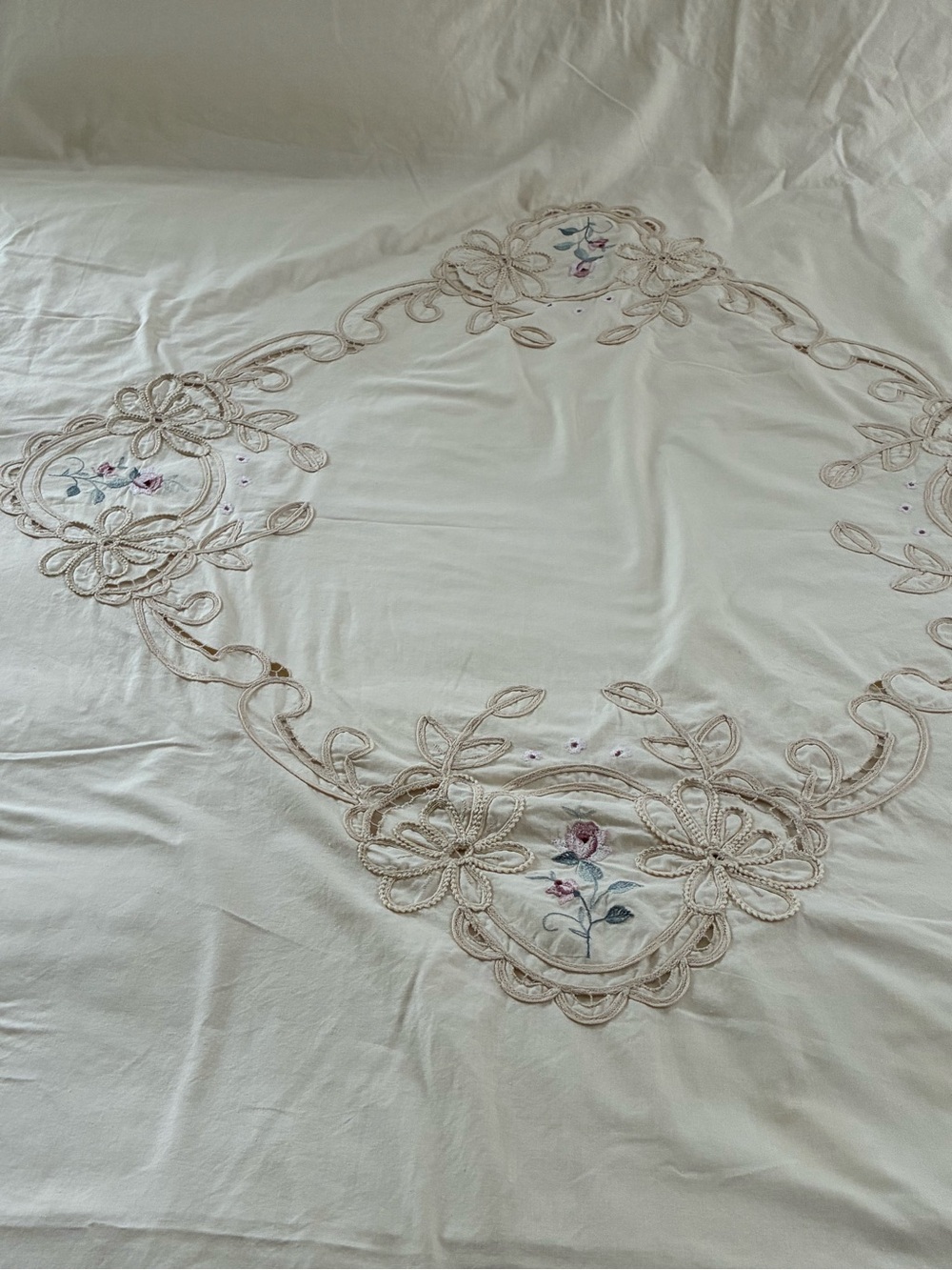 Duvet Cover Twin Size Battenberg Lace Embroidered Cream Color Vintage - Picture 5 of 10